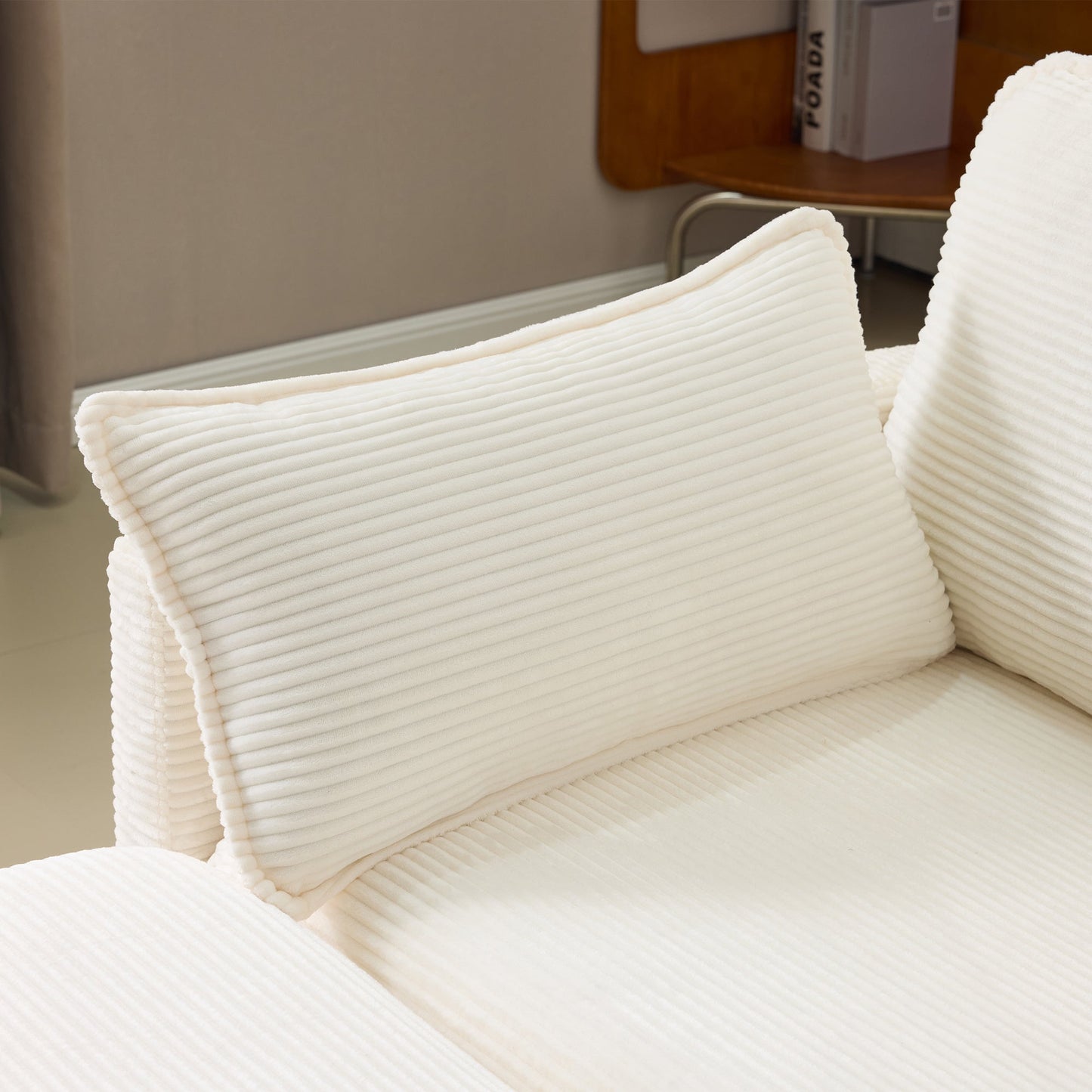 NEW 136' Plush Cloud 3-seater Sofa: Modular 4-seater Sofa + 2 Footstools with 22' Beige Chenille Cushions + 2 Throw Pillows - Compact Size for Apartment, Living Room, Bedroom (Beige)