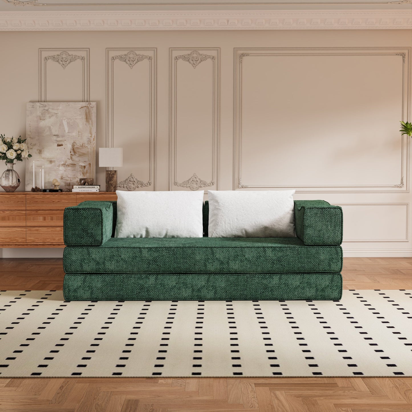 NEW 80 ' Convertible Couch Bed with 2 Pillows, 3-Seat Folding Floor Couch & King Size Bed Mattress, DIY Combination, Chenille, GREEN