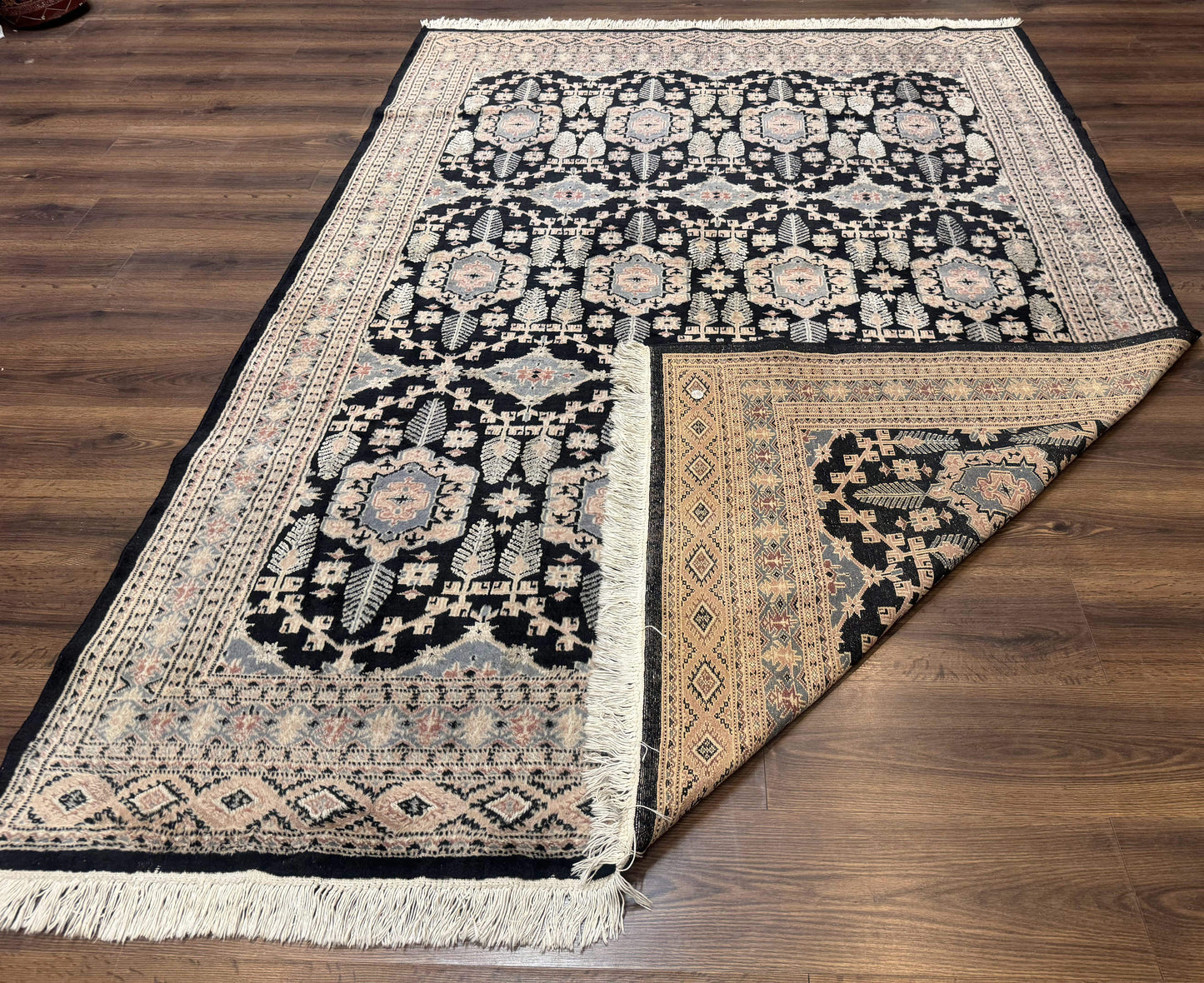 USED Turkoman Bokhara Rug 6x9, Pakistani Carpet, Black, Hand Knotted