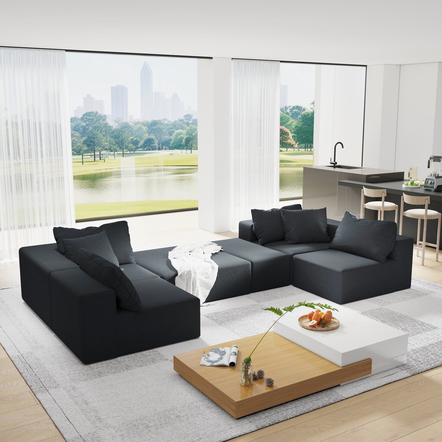 NEW Modern Upholstered Modular L-Shaped Sectional Sofa Couch Set Modular with 6 Pillows