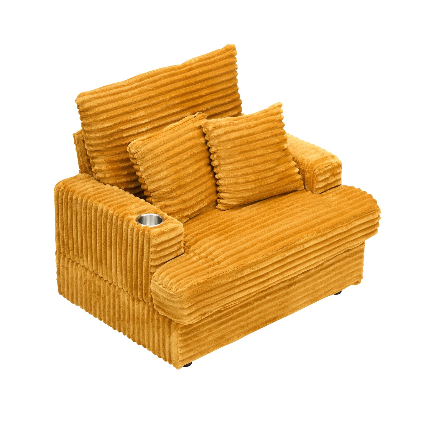 NEW 39-inch Corduroy Fabric Spring Upholstered Comfortable Single Sofa Armchair and Ottoman Set with Cup Holder