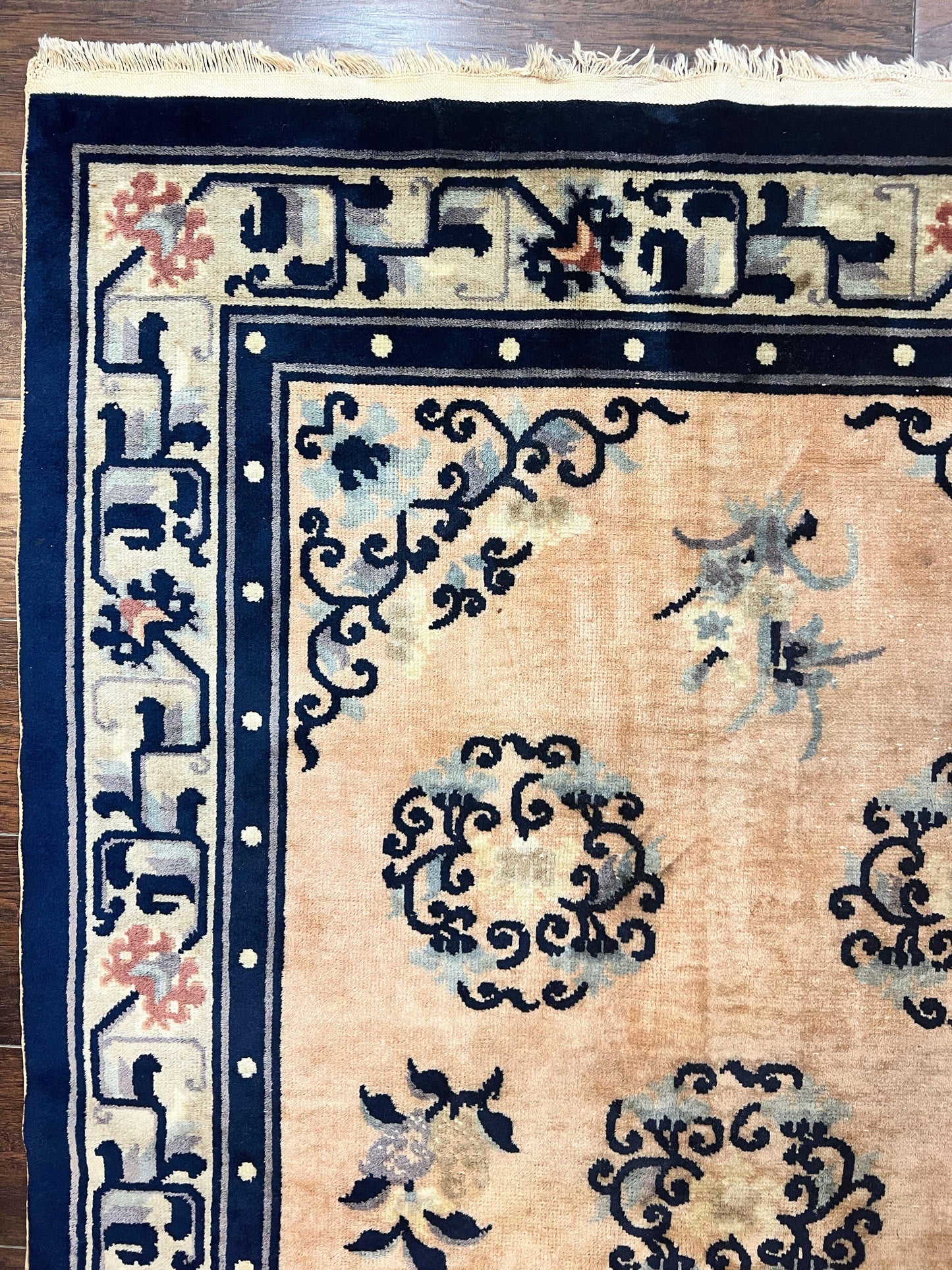 USED Chinese Peking Rug 4x6, Wool Hand Knotted Handmade Vintage Semi Antique Carpet, Semi Open Field, Light Peach & Navy Blue, Art Deco Rug