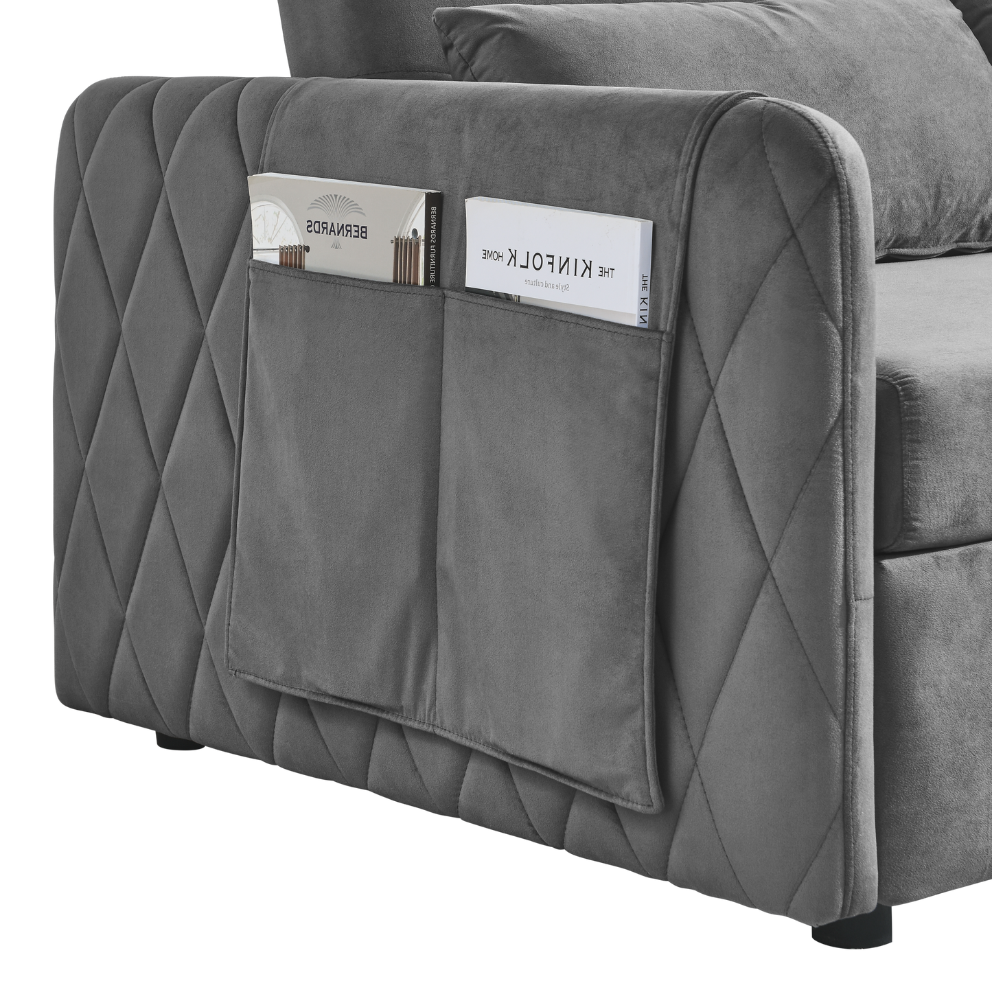 NEW 55' Modern Convertible Sofa Bed 2 Detachable Arm Pockets Velvet Loveseat Adjustable Backrest Grid Design Armrest Couch Sofa with Pull Out Bed and 2 Pillows