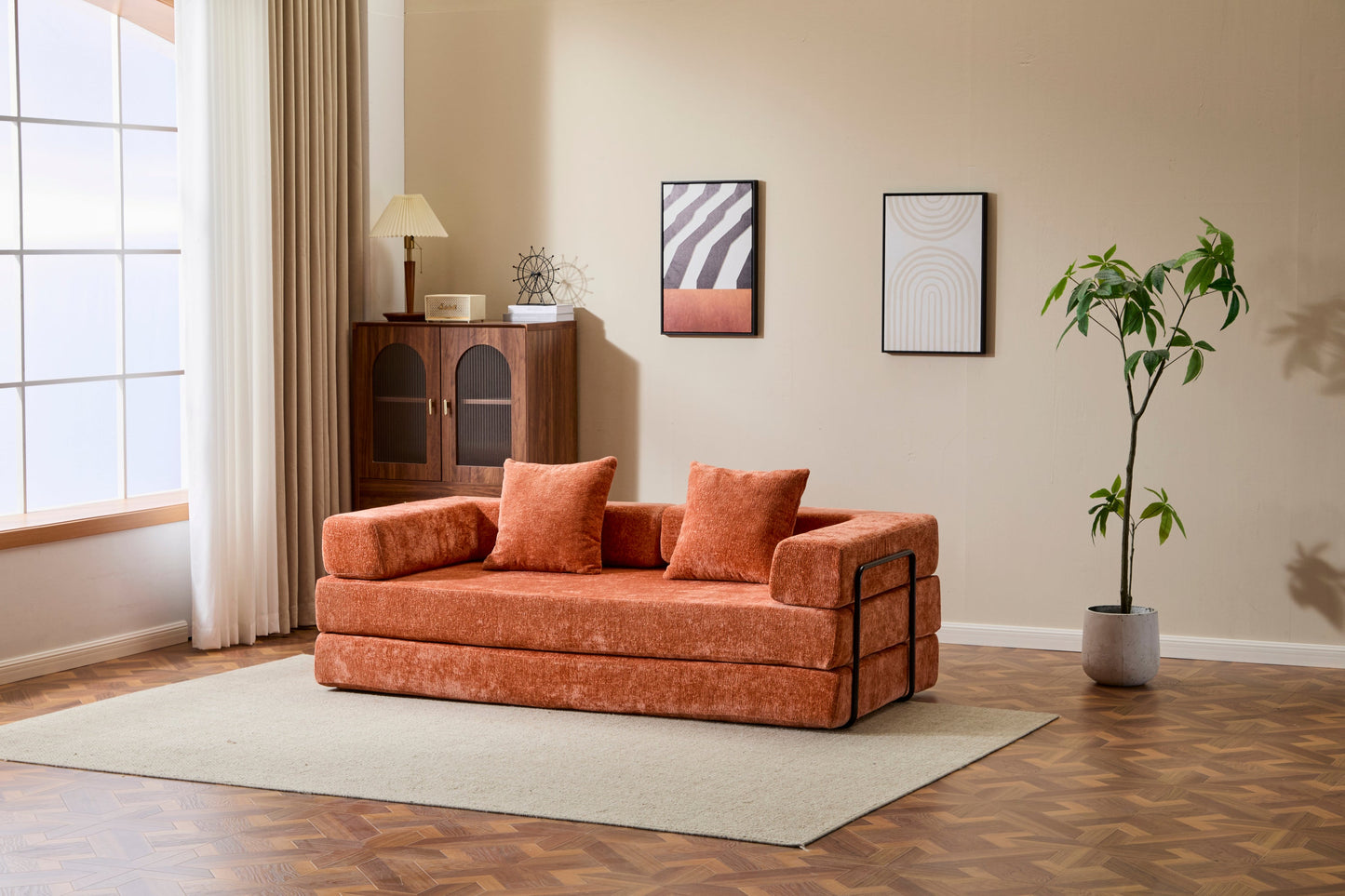 NEW Orange Chenille Fabric Comfy Futon Couch Lounge Sleeper Compression Convertible Floor Sofa Bed Couch with Pillow Back Support Armrest Bed