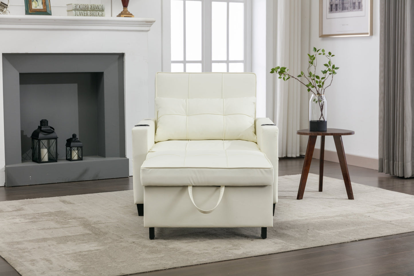 NEW Futon Chair Bed Convertible Chair 3-in-1 Pull Out Sleeper Chair Beds with USB Ports,Wear-resistant and Anti-scratch,  Armchair Bed Sleeper for Living Room (White Leather)