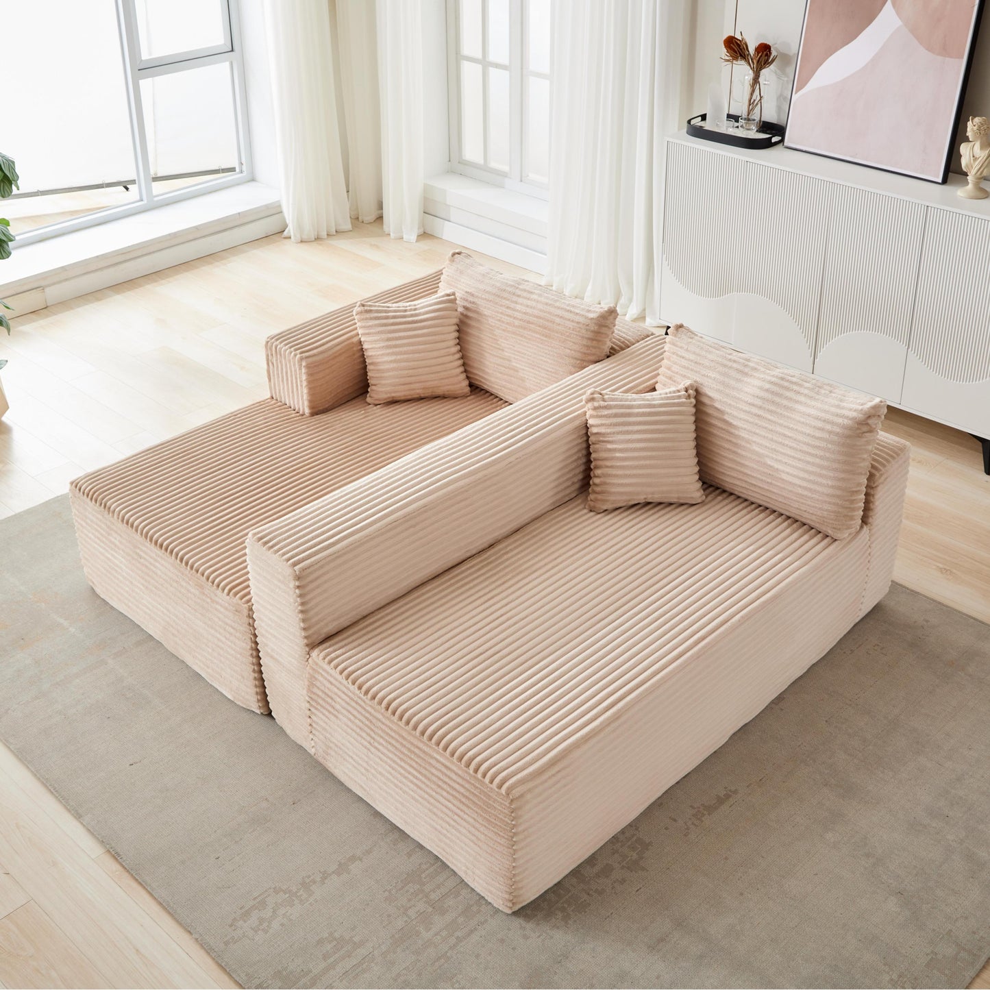 NEW Compression Sectional Couch with Comfy Chaise, Boneless L Shape Sofa with Deep Seat, Minimalist Modular Couches Sleeper for Living Room Bedroom Apartment Lounge,corduroy,Beige