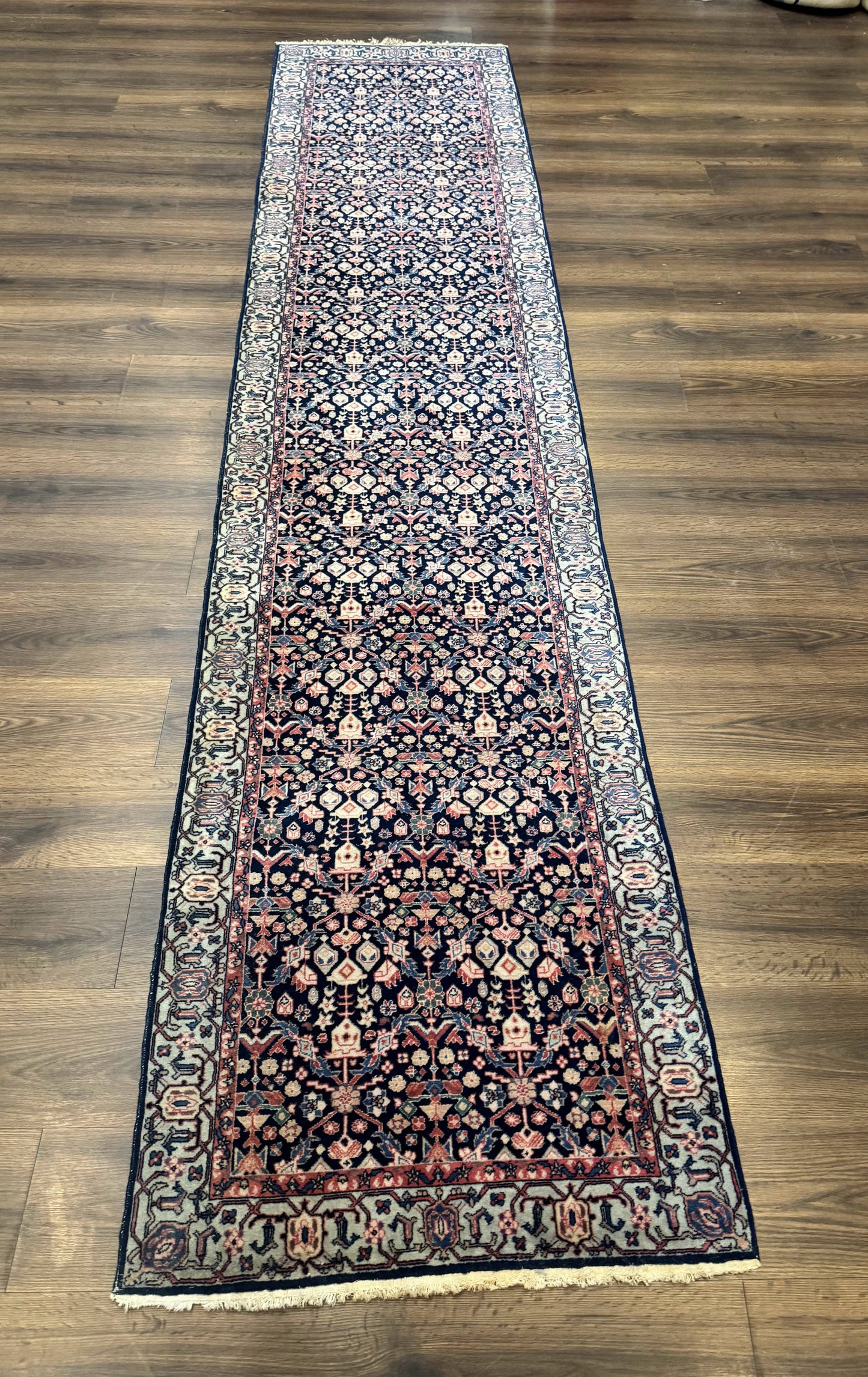 USED Indo Persian Runner Rug 2.8 x 12, Navy Blue, Floral, Fine 270 KPSI