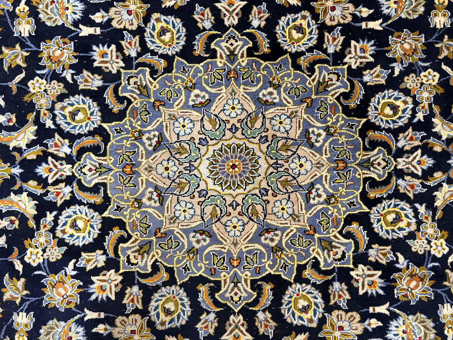 USED Wonderful Navy Blue Persian Kashan Rug 11x13, Allover Floral Design with Central Medallion, Wool Hand-Knotted Antique Carpet, Signed Rabani Rug