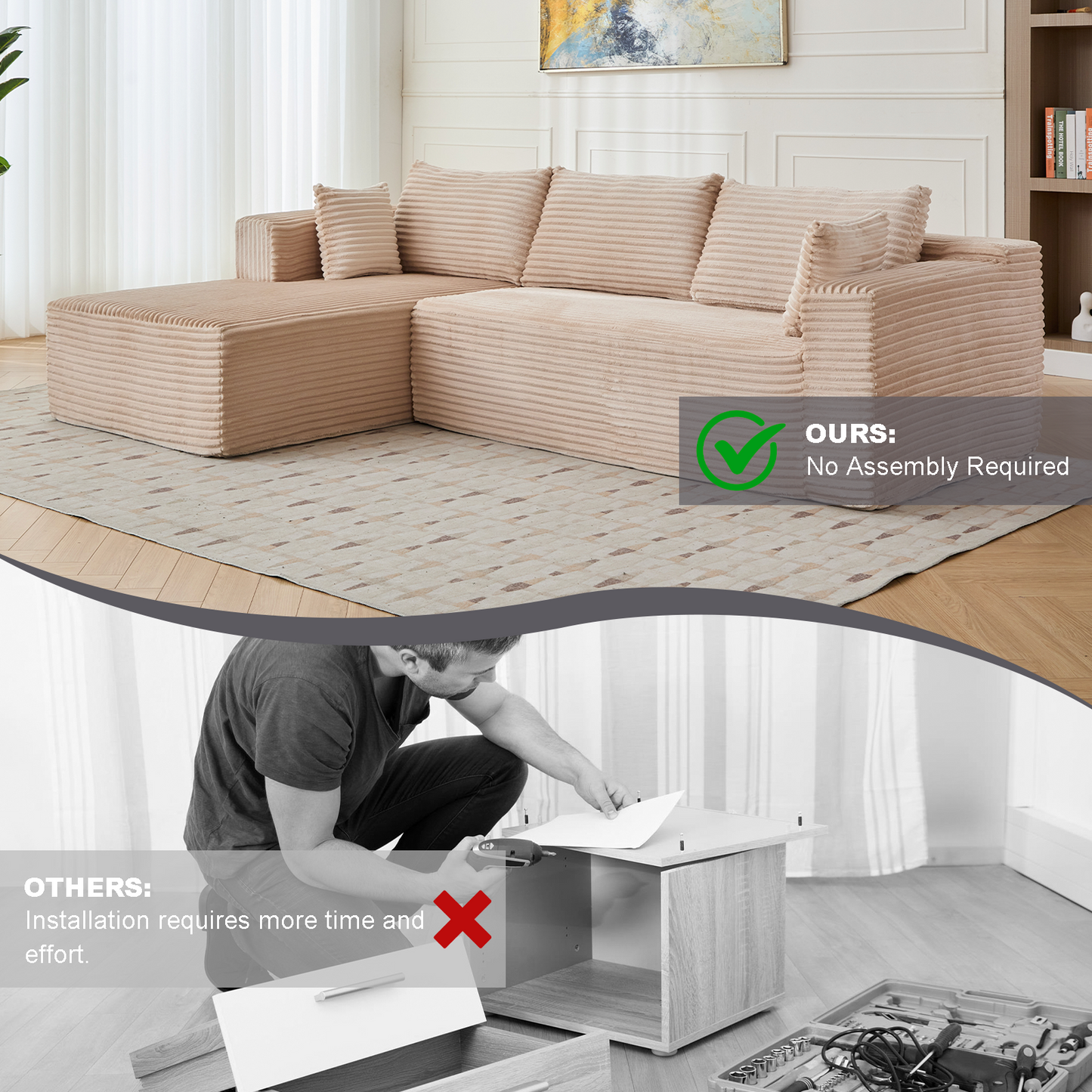 NEW Compression Sectional Couch with Comfy Chaise, Boneless L Shape Sofa with Deep Seat, Minimalist Modular Couches Sleeper for Living Room Bedroom Apartment Lounge,corduroy,Beige