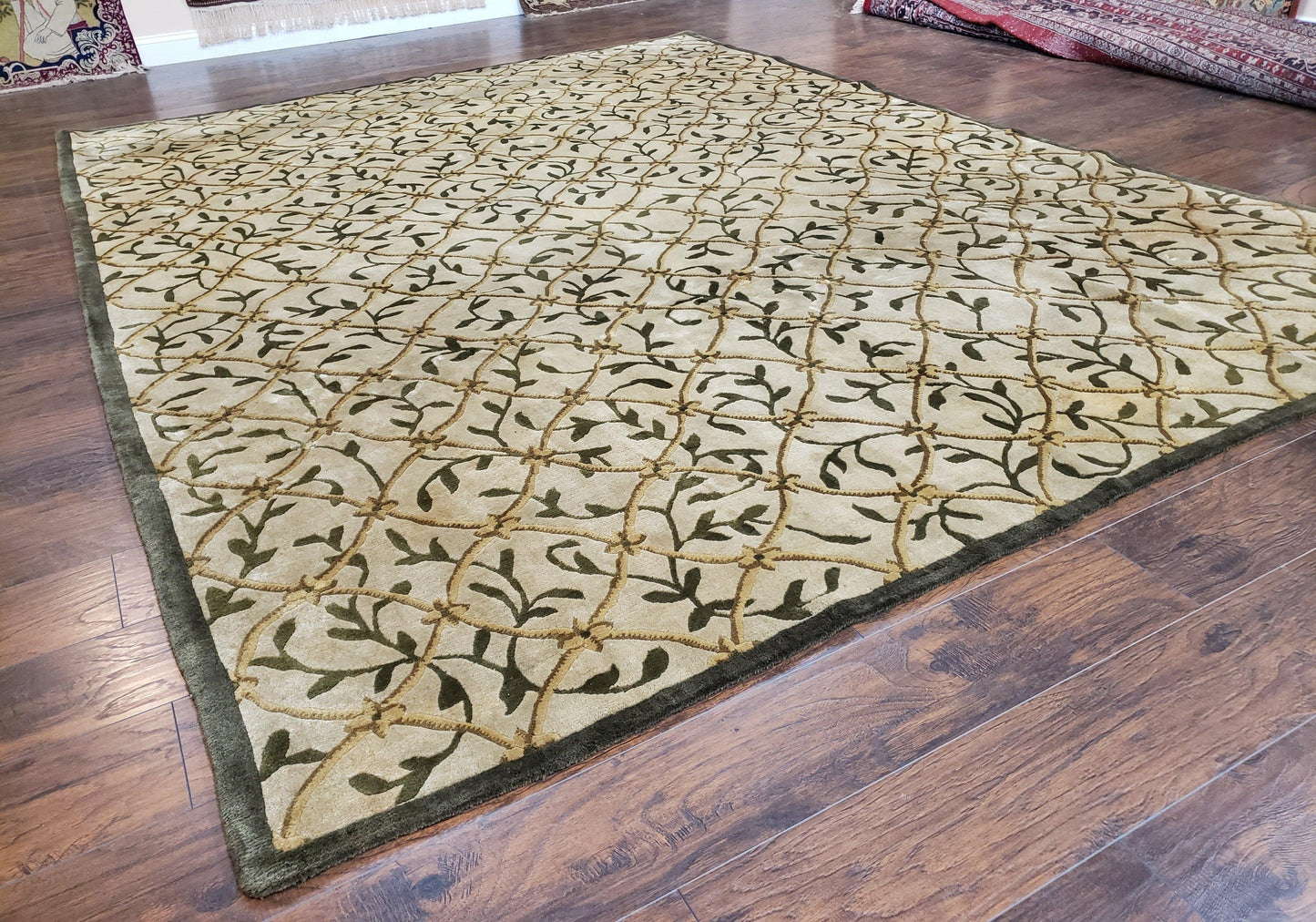 USED Vintage Tibetan Nepalese Area Rug 9x12, Wool Hand-Knotted, Beige Nepali Soft Pile Carpet, 9 x 12 Living Room Modern Dining Room Rug