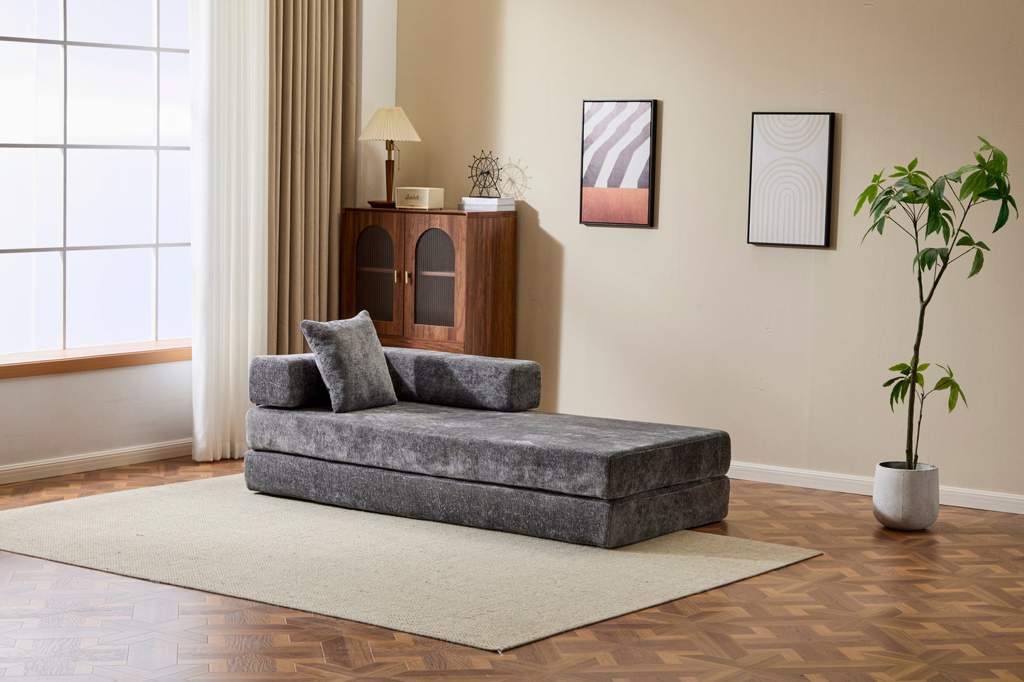 NEW Floor Couch,Compression Sofa,Convertible Floor Sofa Bed-with Pillow Back Support Armrest,Comfy Futon Couch Lounge Sleeper Bed,Chenile fabric,for Living Room Bedroom (DARK-GREY)