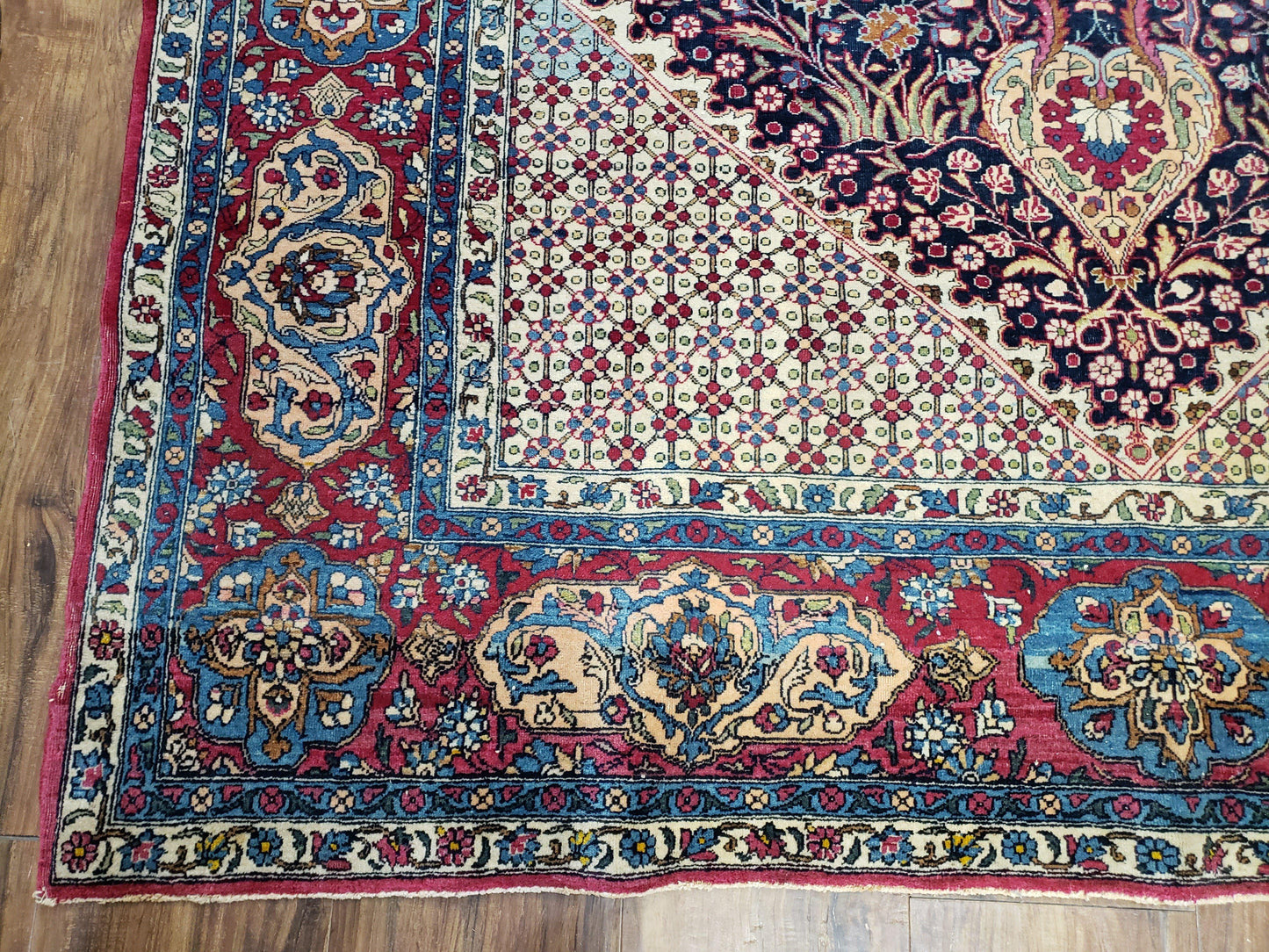 USED Antique Persian Tehran Rug 5x8, Midnight Blue and Red, Hand-Knotted, Wool