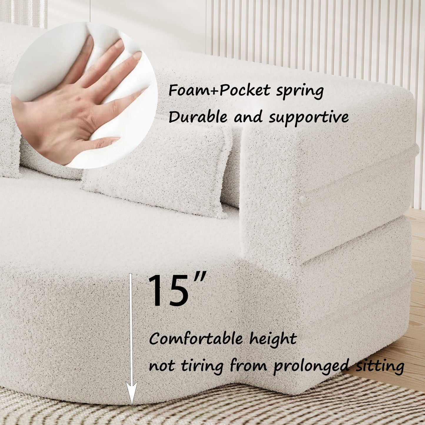 NEW Modern Floor Sofa with 2 Pillows,Convertible Teddy Fabric Foam Filled Sleeper Sofa Bed,15 ' Full Size Folding Mattress for Living Room,Guest Bed,Playroom,no assembly required,Beige