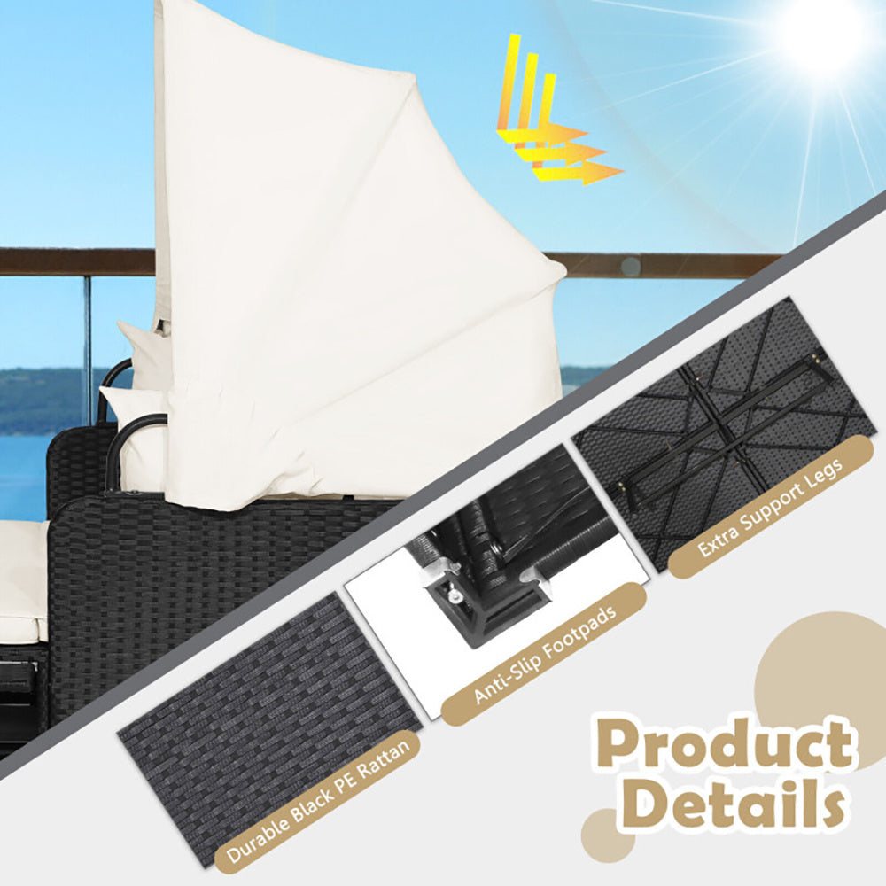 NEW Outdoor Patio Rattan Wicker Daybed With Retractable Canopy And Side Tables