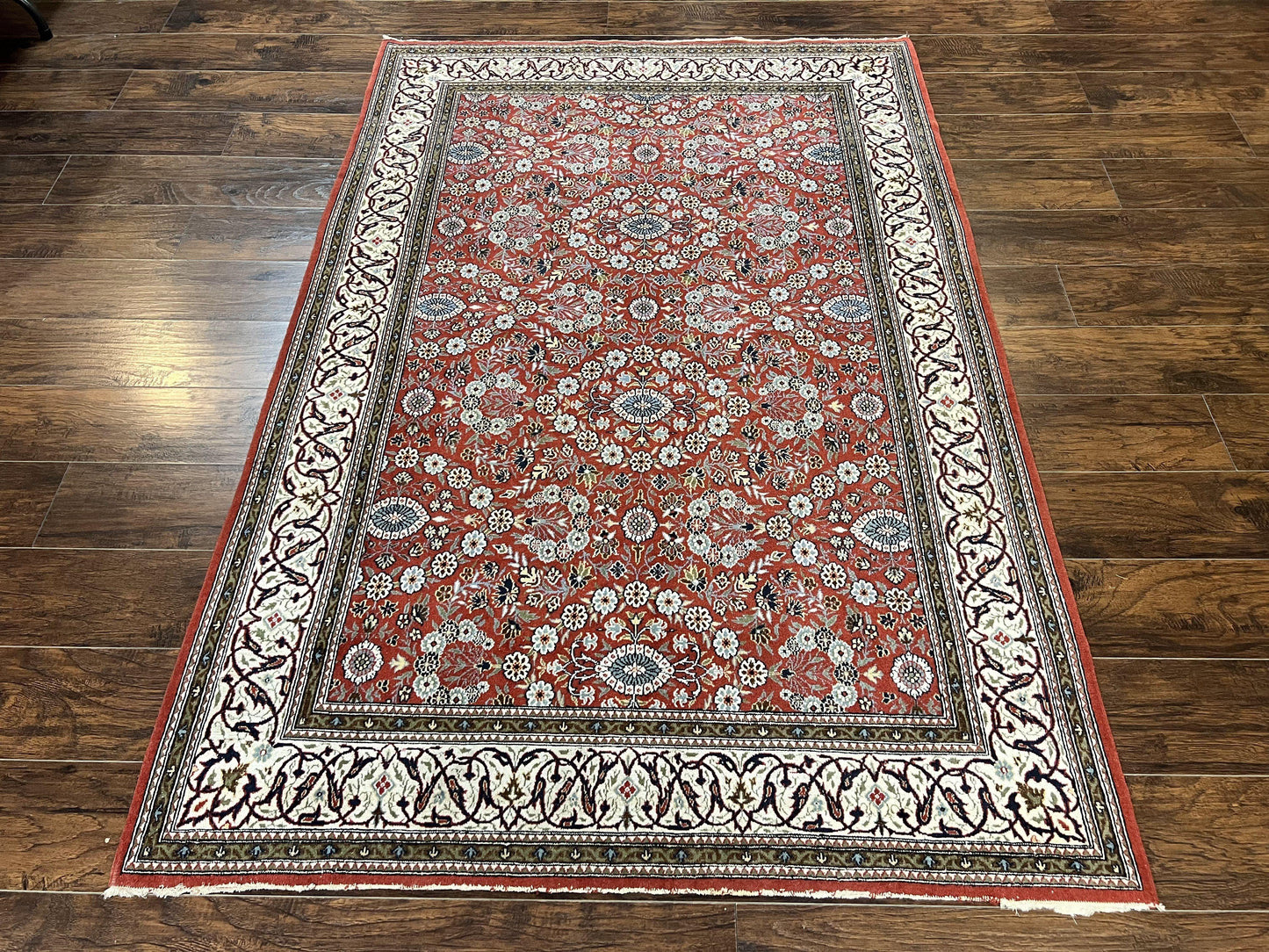 USED Red Persian Qum Rug 5 x 7.6, Hand Knotted Vintage Wool Fine Carpet 270 KPSI, Floral Allover