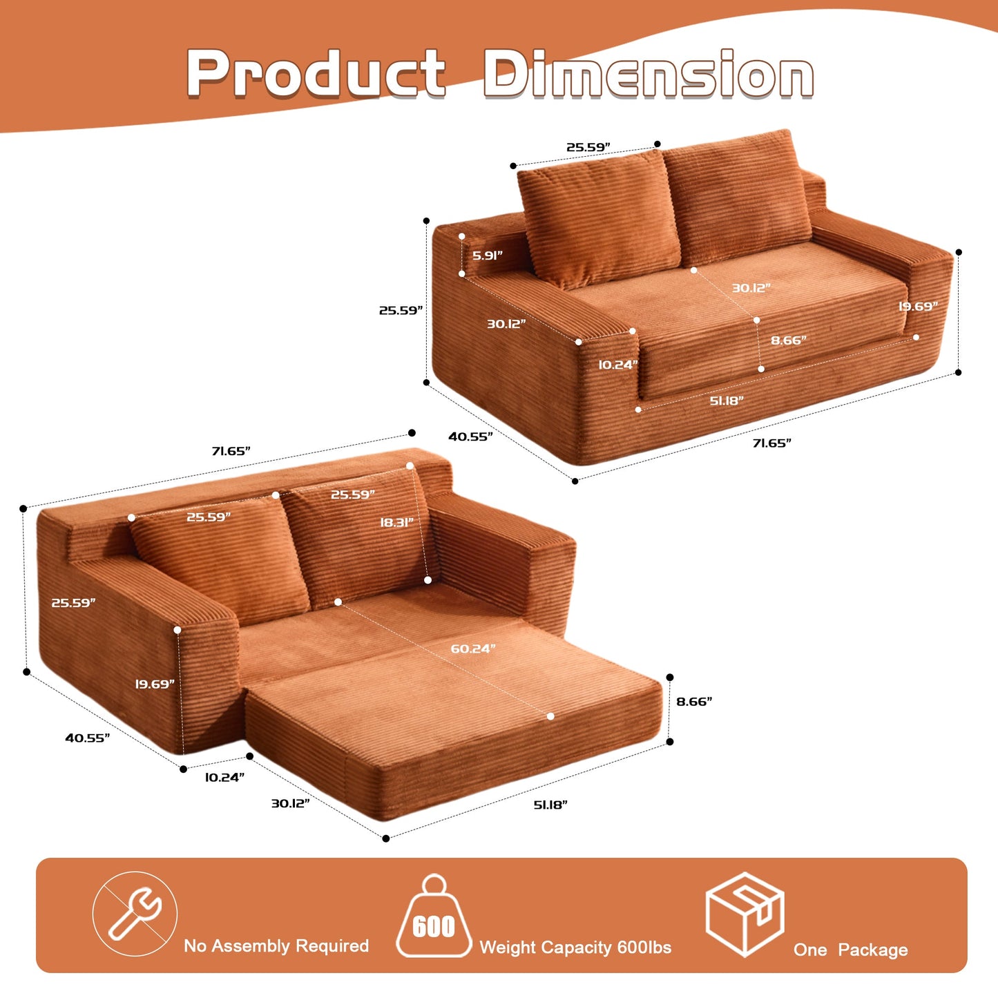 NEW Loveseat Sofa, Comfortable Deep Seat Sofa Bed, Modern Small Corduroy Couch for Living Room Bedroom,Reversible Cushion with Pillows,No Assembly Required,Orange