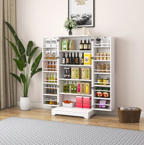 NEW Kitchen Storage Cabinet with Adjustable Shelves, Racks and Doors, Freestanding Kitchen Hutch Cupboard, Buffet Sideboard for Living Room or Dining Room, White