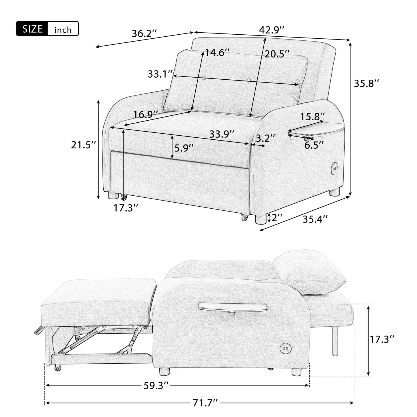 NEW Versatile Pull Out Sofa Sleeper 3 in 1 with Wing Table & USB Charge, Beige Linen, Compact Design
