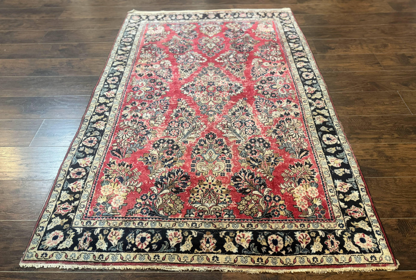 USED Antique Persian Sarouk Rug 4x7, Floral, Red 1920s Persian Wool Carpet