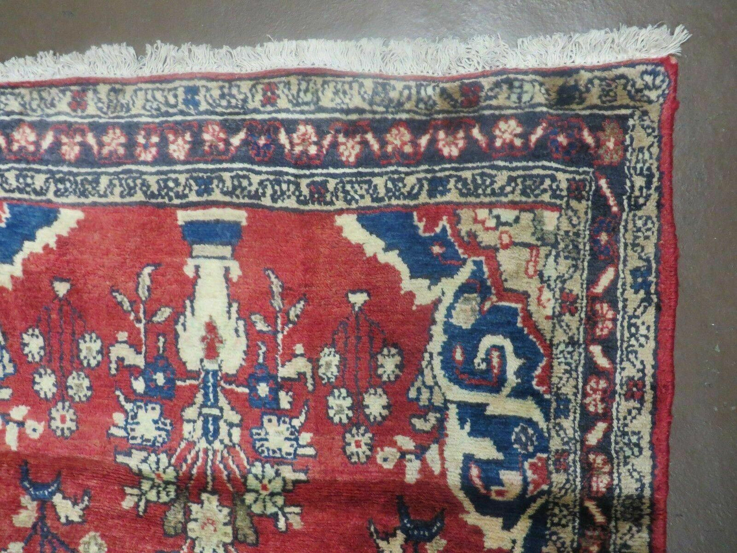 USED Persian Runner Rug 3 x 12, Antique Wool Oriental Runner, Floral Vases, Red & Navy Blue