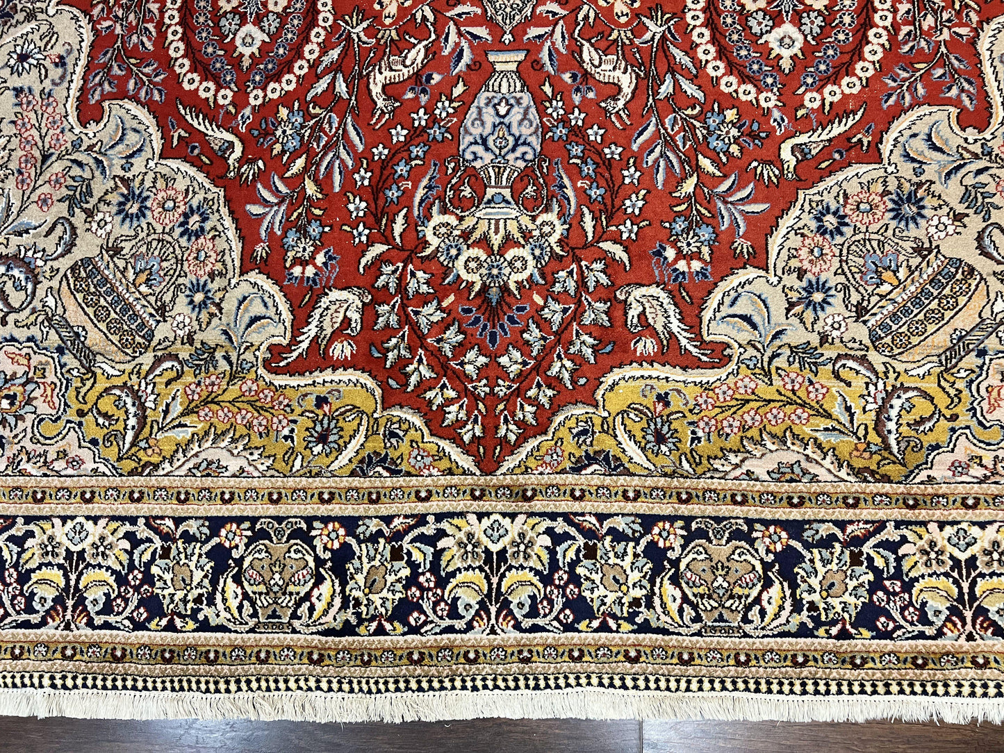 USED Wonderful Persian Qum Rug 10x14, Wool w/ Silk Highlights, Hand Knotted Semi Antique Vintage Carpet, Red, Floral, Fine Weave, Birds Deer Pictorials