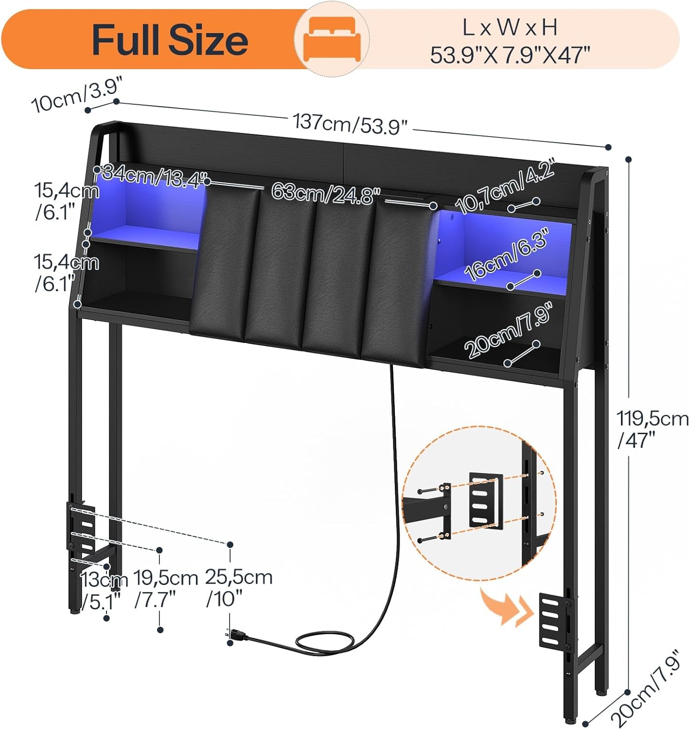 NEW Upholstered Full Size Headboard with LED Lights and Storage