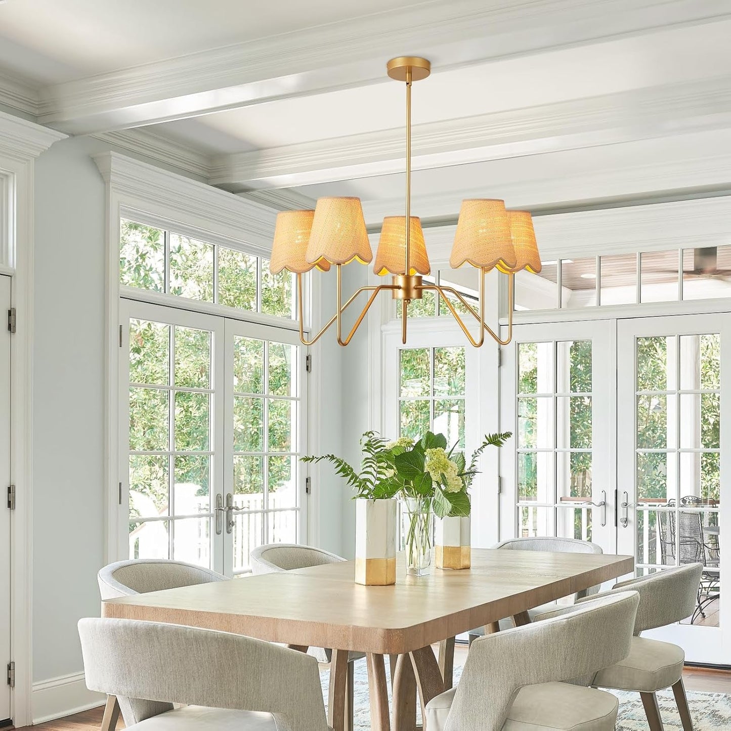 NEW 28 Inch Rattan Chandelier Antique Brass Five Light Pendant With Flower Shade Lamps