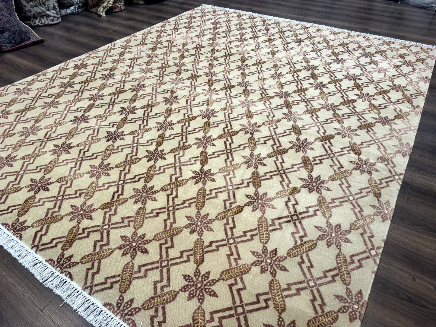 USED Tibetan Rug 8x10, Wool with Silk Highlights, Beige and Maroon, Contemporary Carpet