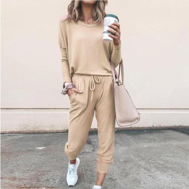New Women's Long Sleeve Suit Fashion Pullover Top And Pockets Drawstring Long Pants Solid Color Casual Sports Trouser Suit Clothing