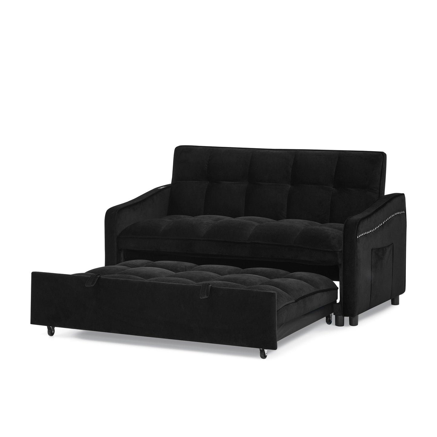 NEW Loveseats Sofa Bed with Pull-out Bed,Adjsutable Back and Two Arm Pocket,TypeC and USB Charging with Copper nail,Black (47'x53'x31')