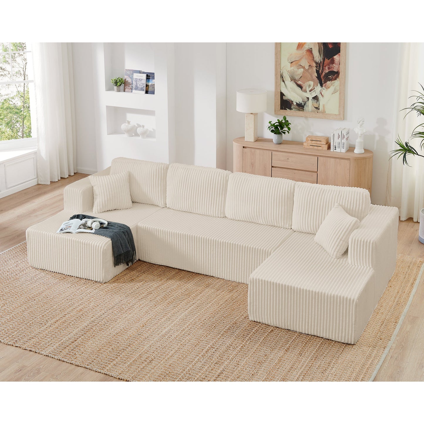 NEW Modern Minimalist U-Shape Beige Corduroy Modular Sectional Sleeper Sofa