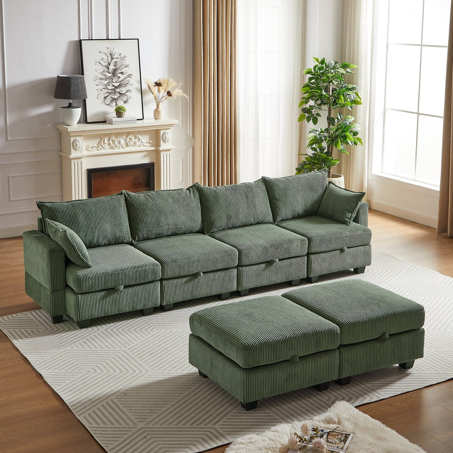 NEW 113.5'' Modular Sectional Corduroy U Shaped Sofa Couch with Storage Ottoman 6 Seat Convertible Sections and Chaise