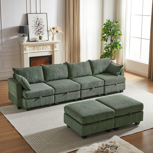NEW 113.5'' Modular Sectional Corduroy U Shaped Sofa Couch with Storage Ottoman 6 Seat Convertible Sections and Chaise