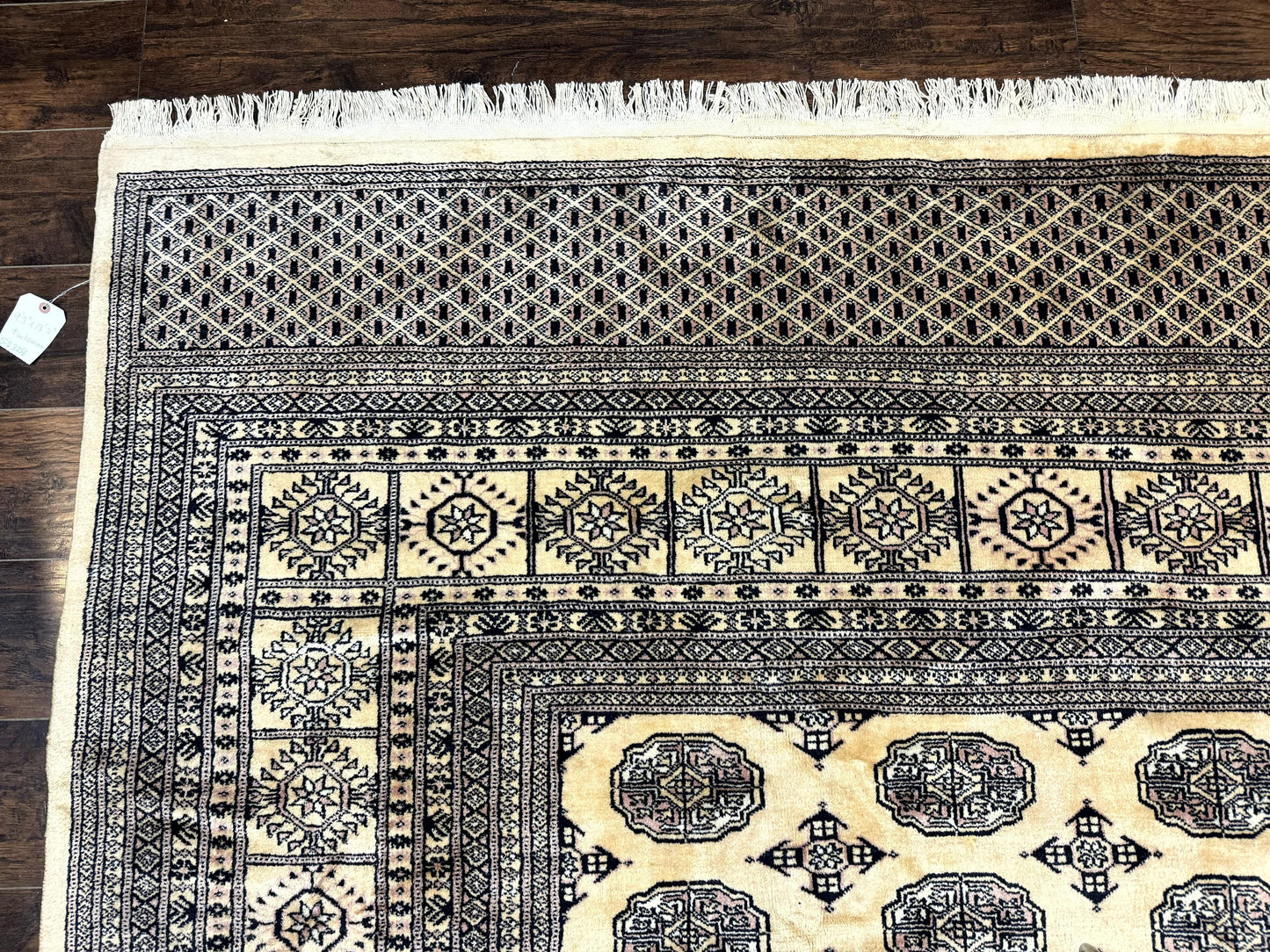 USED Pakistani Bokhara Turkoman Rug 9x11, Cream, Handmade Wool Vintage Carpet