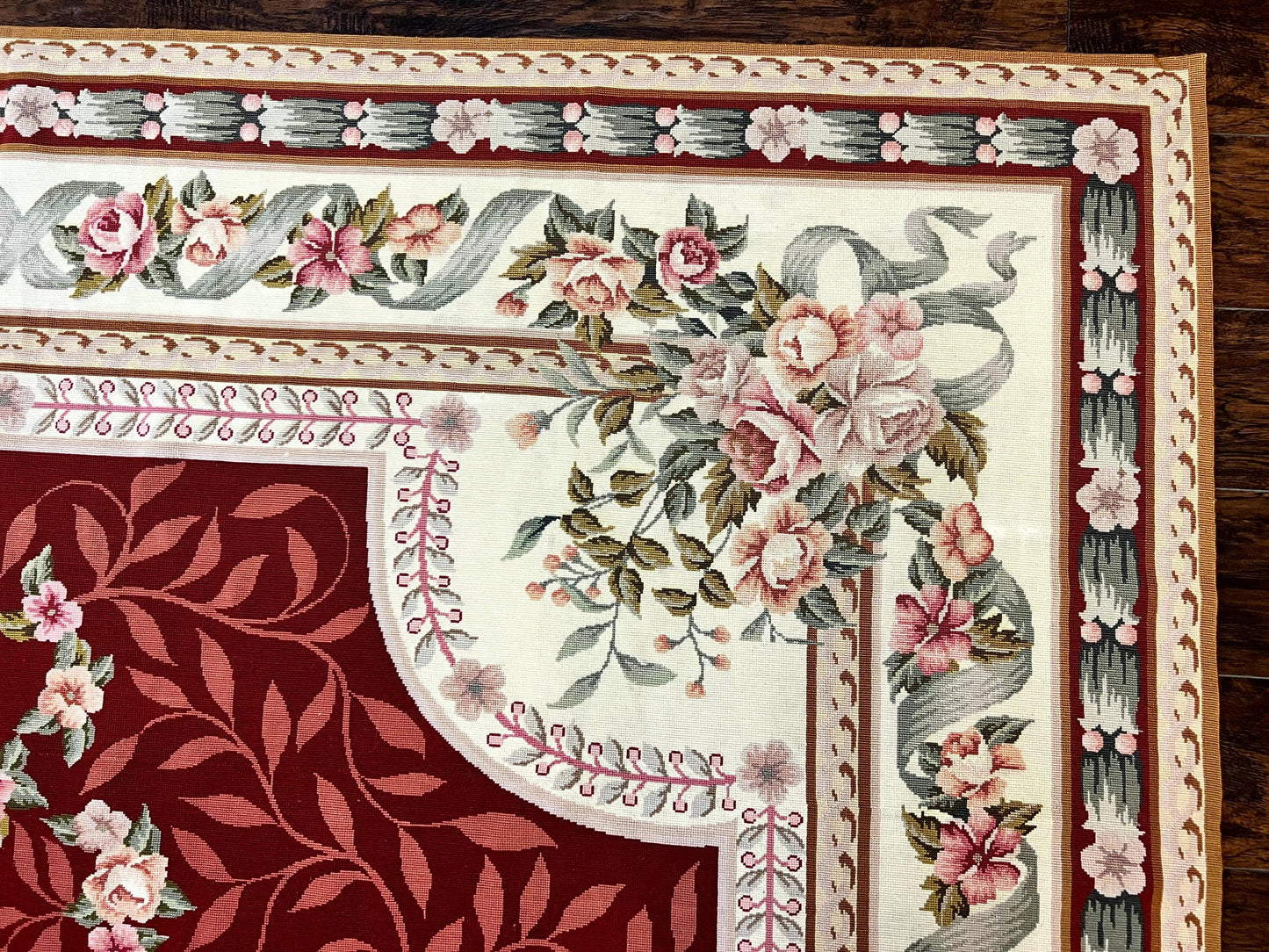 USED Wonderful Aubusson Rug 9x12, Handmade Vintage Needlepoint Carpet, Red and Ivory, Elegant European Design, Wool