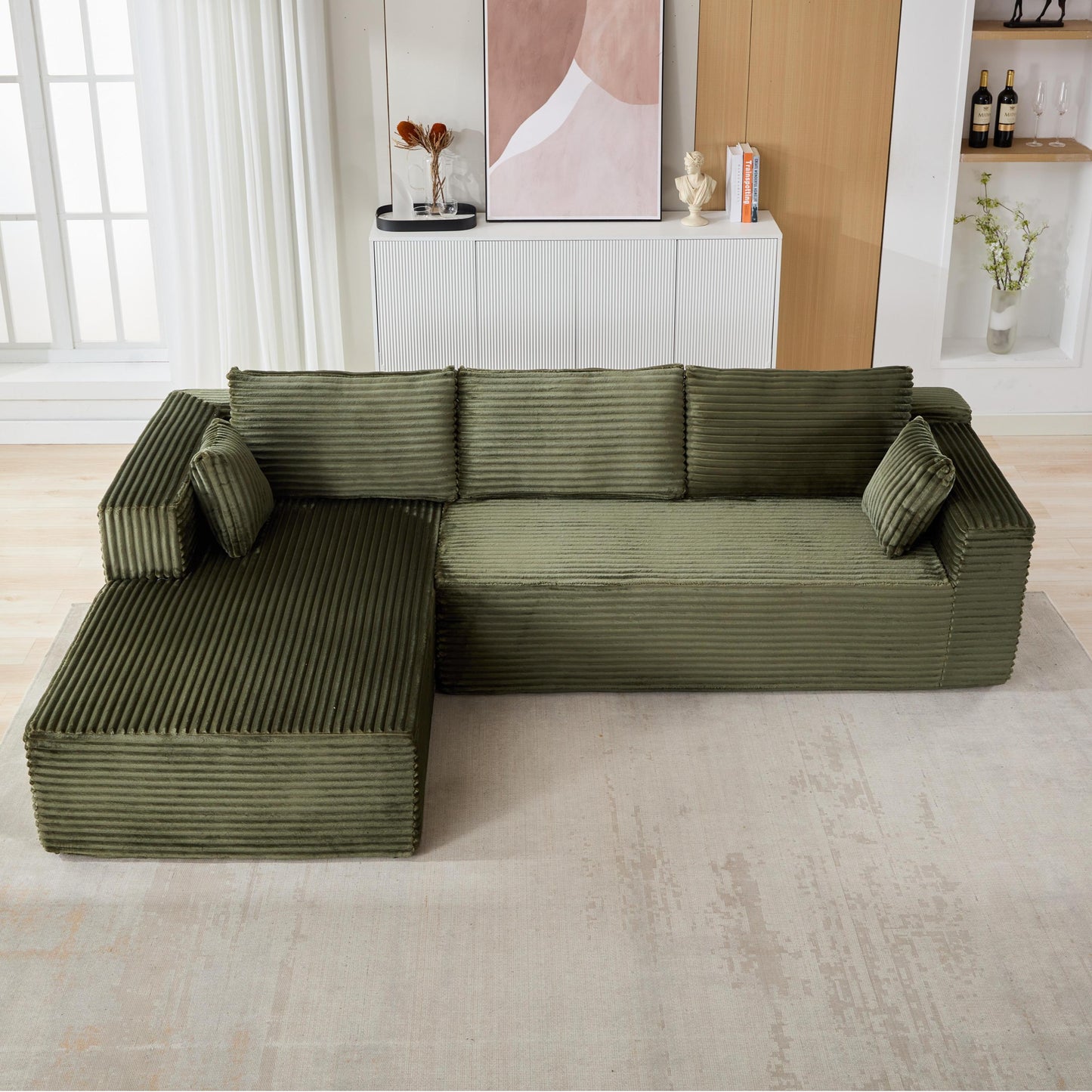 NEW Compression Sectional Couch with Comfy Chaise, Boneless L Shape Sofa with Deep Seat, Minimalist Modular Couches Sleeper for Living Room Bedroom Apartment Lounge,corduroy,Green