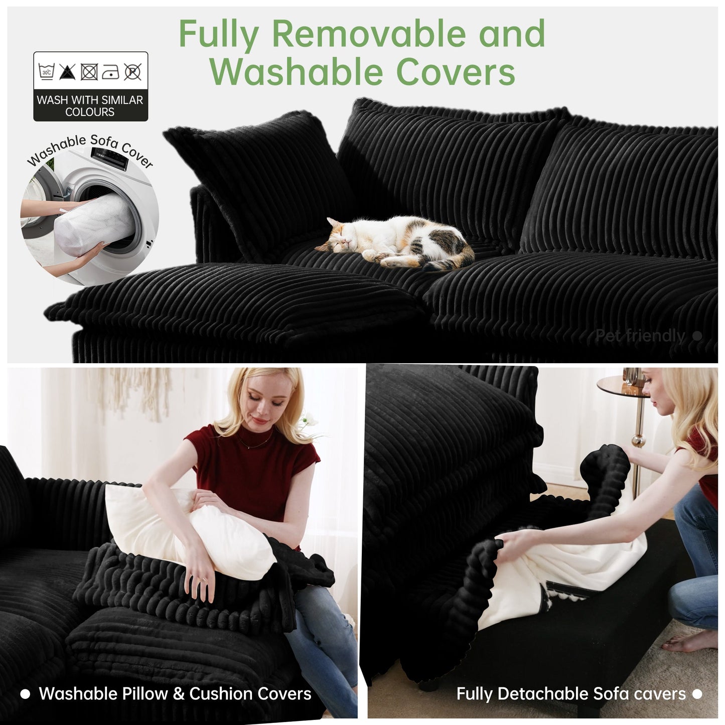 NEW Slip-covered Armchair with 1 Big Back Cushion and 2 Big Toss Pillows, Single Deep Seat Comfy Single Couch Sofa Multiple Large Soft Pillows, Black Corduroy Fabric