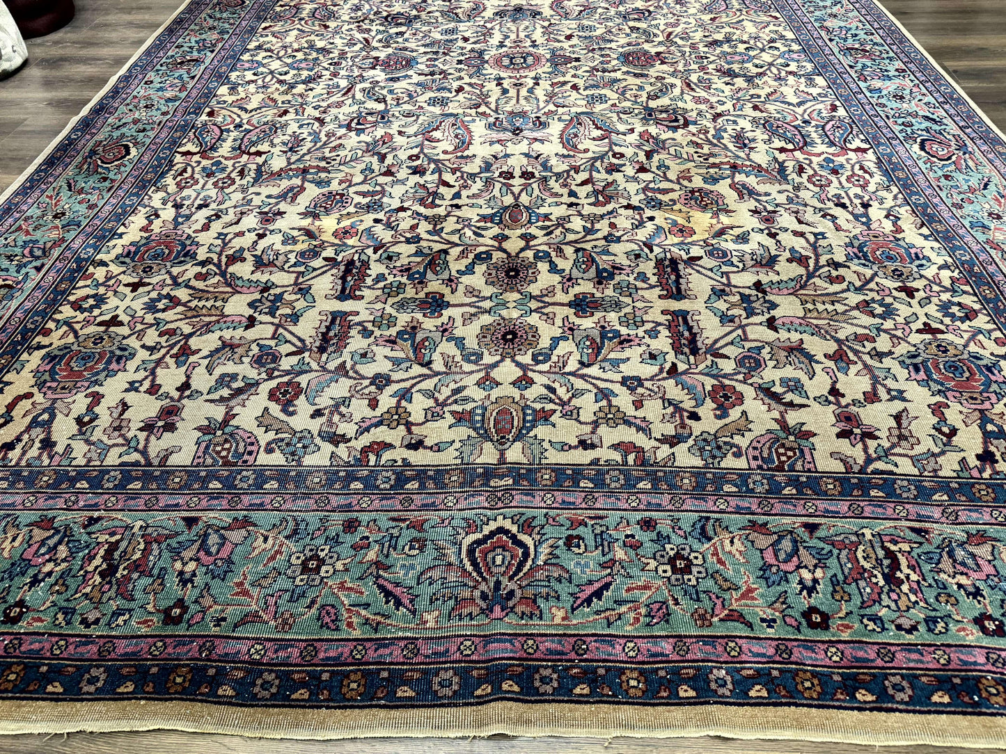 USED Antique Persian Rug 10x15, Camel and Cyan, Allover Pattern, Rare, Samarkand Rug