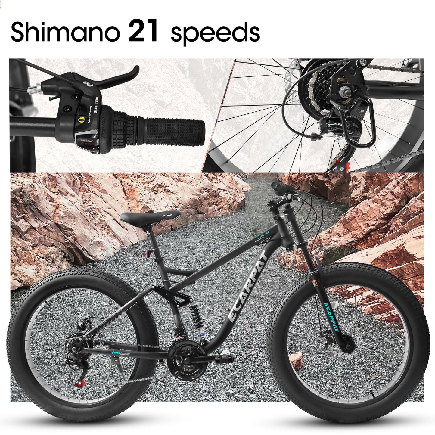 NEW A26309 26 inch Mountain Bike,Full-Suspension 21 Speeds Drivetrain with Disc-Brake MTB Bicycle, 26*4' Fat tire Bike for Men