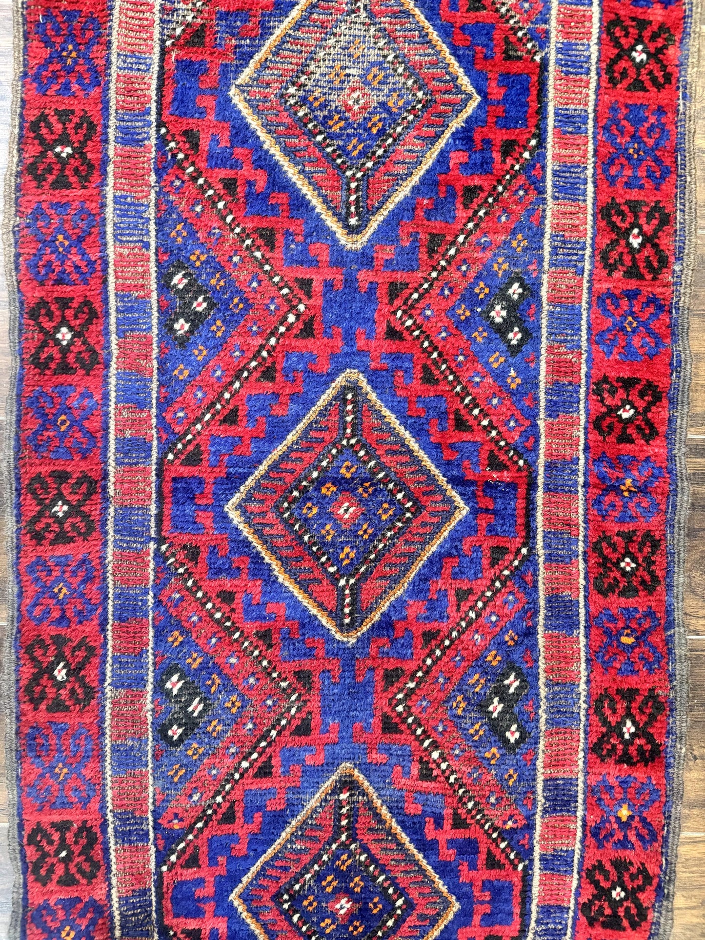 USED Turkoman Runner Rug 2 x 8.6, Skinny Runner, Handmade Wool Carpet for Hallway, Red and Blue, Wool, Vintage 8ft Runner