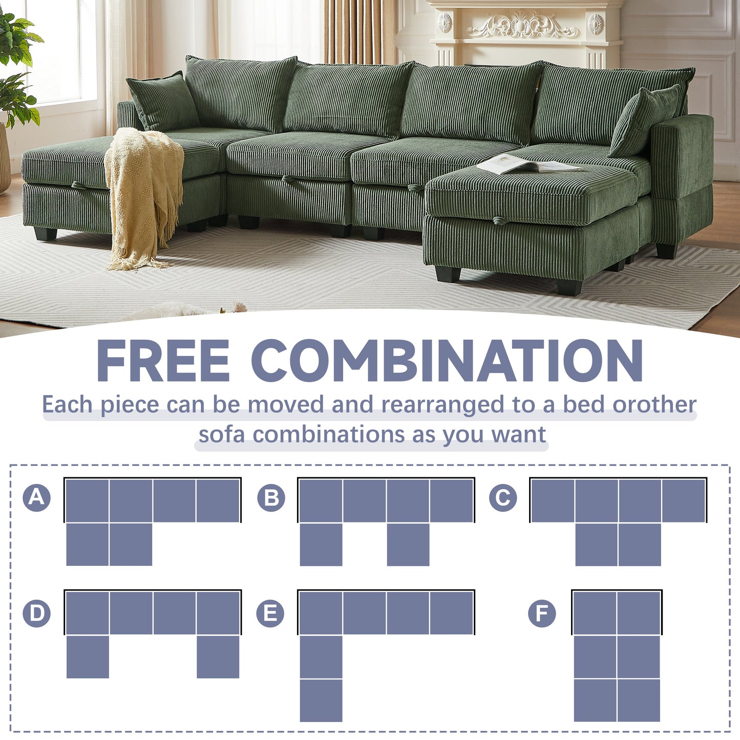 NEW 113.5'' Modular Sectional Corduroy U Shaped Sofa Couch with Storage Ottoman 6 Seat Convertible Sections and Chaise