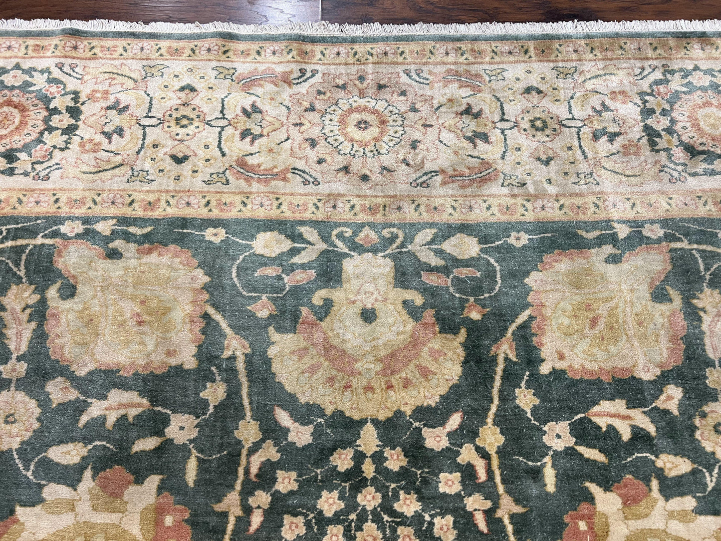 USED Egyptian Mahal Rug 10x14, Large Vintage Floral Hand Knotted Wool Carpet 10 x 14, Dark Green and Beige Traditional Handmade Persian Area Rug