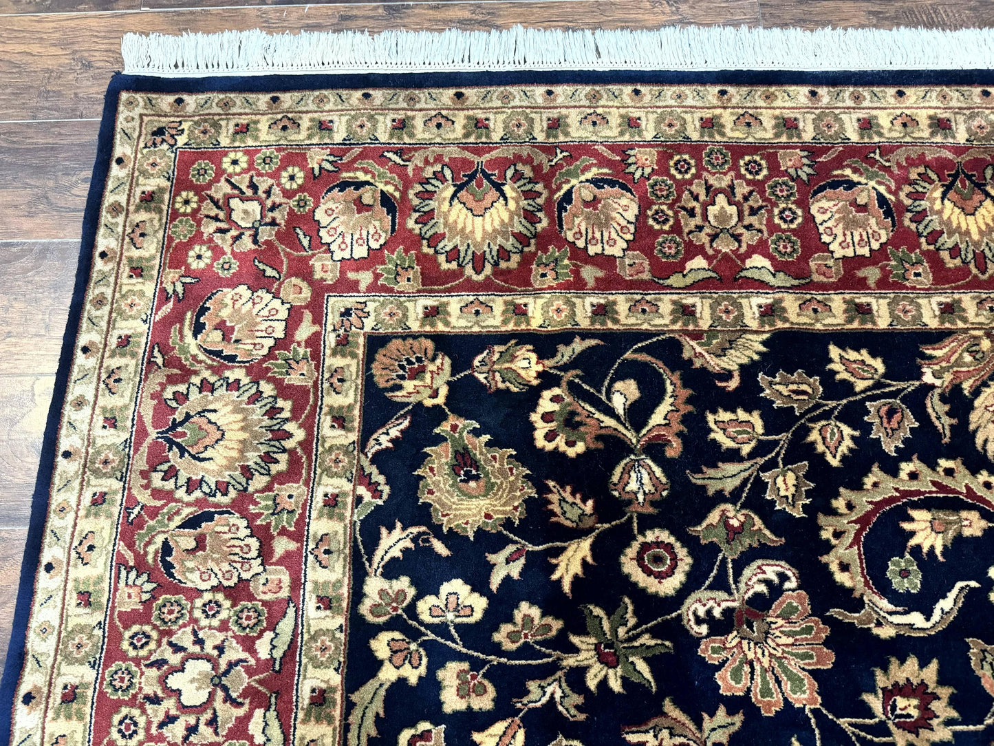 USED Indo Persian Rug 8x10, Navy Blue and Red, Floral Allover, Hand Knotted Vintage Wool Carpet, Indo Sarouk