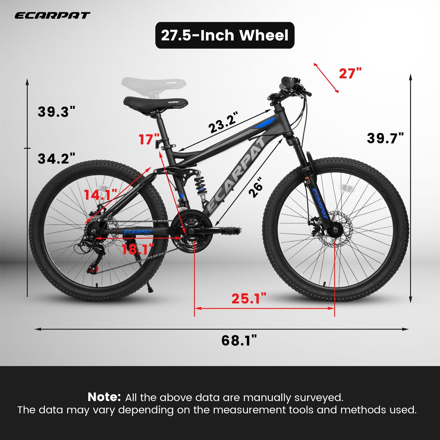 NEW A2760  27.5 Inch Full Suspension Mountain Bike, Front and Rear Dual Shock Absorbers, Mechanical Disc Brakes, 21-Speed, Suitable for Men and Women, Ideal for Travel and Fitness Enthusiasts