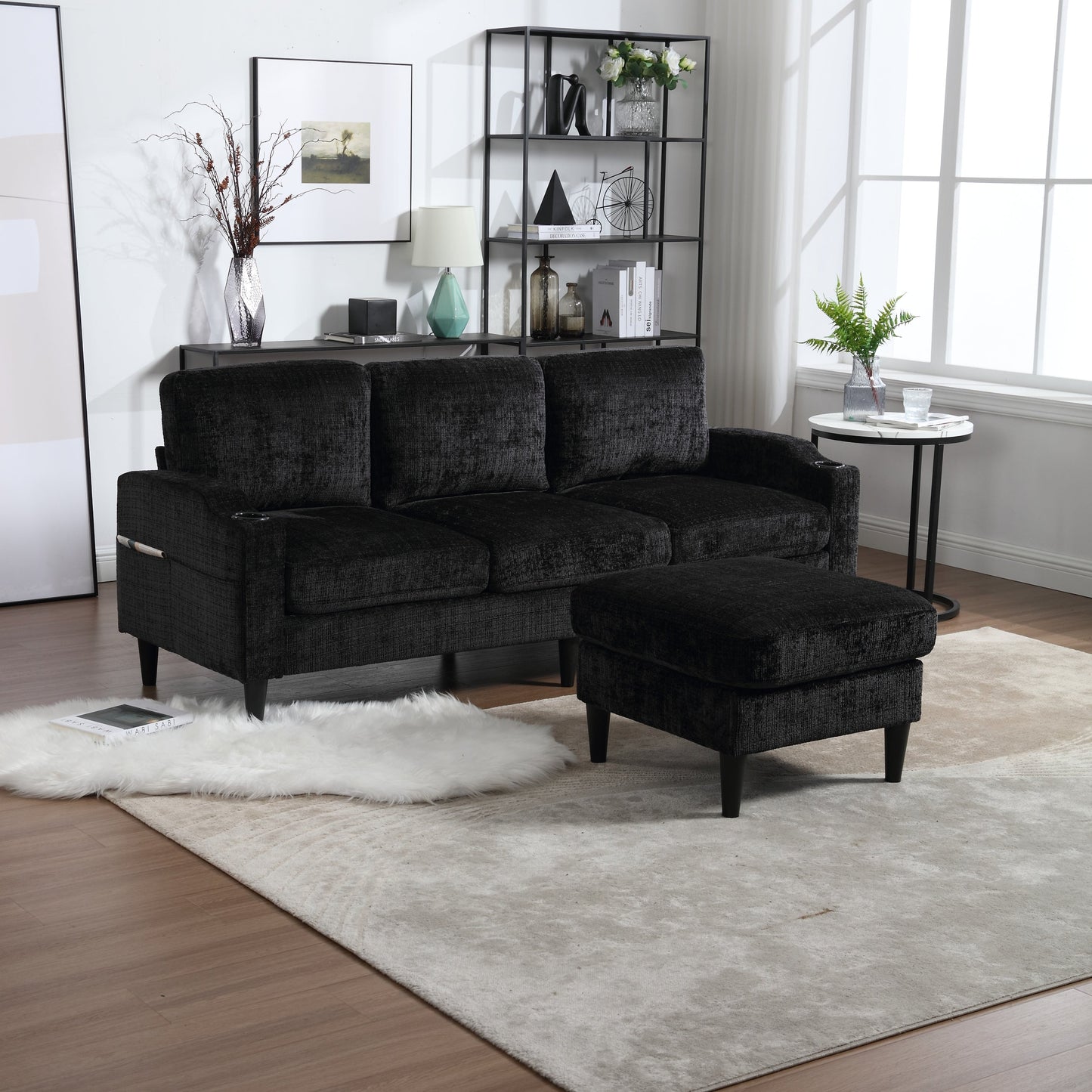 UNITED  WE WIN Sofa for three, solid wood frame, Chenille fabric, side pocket, with two cup holders, footstool with storagestorage sofa /Living room sofa cozy sectional  sofa