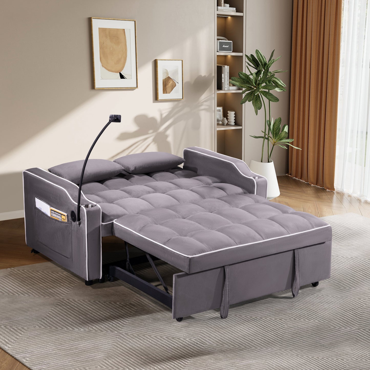 NEW 1 multifunctional foldable sofa bed in 3 different lengths, modern sofa, upgraded suede fabric, adjustable backrest, with USB port, ashtray, and rotating telephone stand