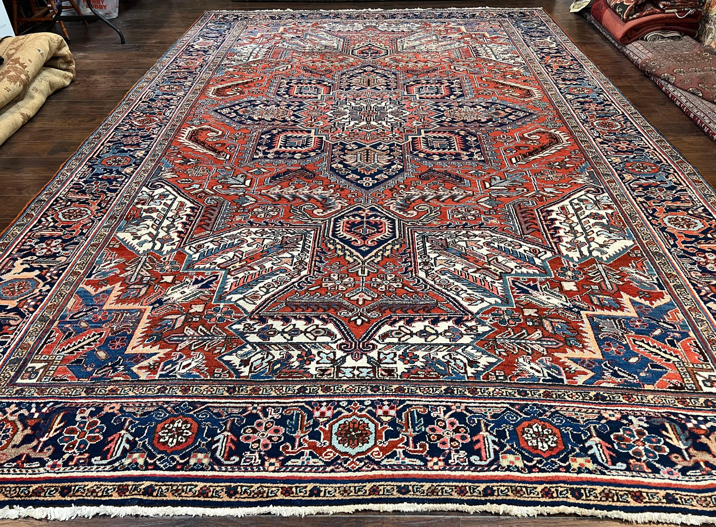 USED Antique Persian Heriz Rug – 11x16 Palace Size, Geometric Medallion, 1920s