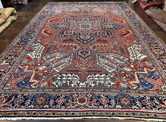 USED Antique Persian Heriz Rug – 11x16 Palace Size, Geometric Medallion, 1920s