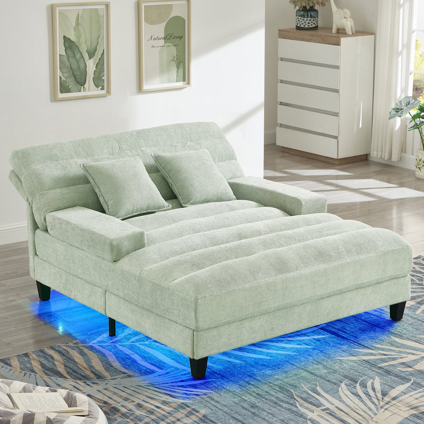 NEW Modern Chaise Lounge Sofa Bed with Adjustable Backrest and LED Light Strip, Green Chenille Upholstered, 57.1 Inches