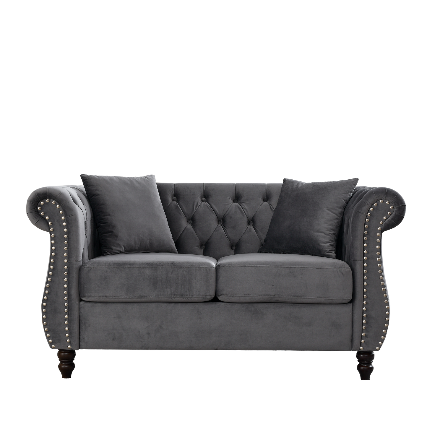 NEW 58.8' Chesterfield Sofa Grey Velvet for Living Room, 2 Seater Sofa Tufted Couch with Rolled Arms and Nailhead for Living Room, Bedroom, Office, Apartment, two pillowsW834S00069